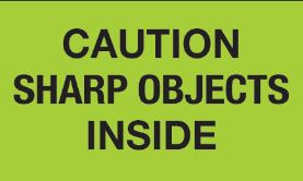 3"x5" "Caution Sharp Objects Inside" Flr Grn Labels 500/rl 