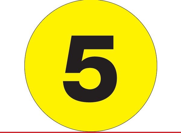 Labels, 2" circles,number 5 ,  yellow, 500/roll
