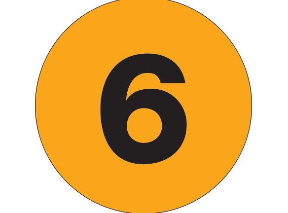 Labels, 2" circles,number 6 ,  Orange, 500/roll
