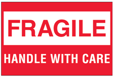 Label, "Fragile Handle w/Care" 2"x3", Red/White,