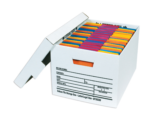 Storage Box, 15" x 12" x 10", Deluxe File, Hand Holes, Lid,