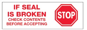 Tape, 3"x110, "Stop if seal is  broken", Red/White, 2.2Mil, 